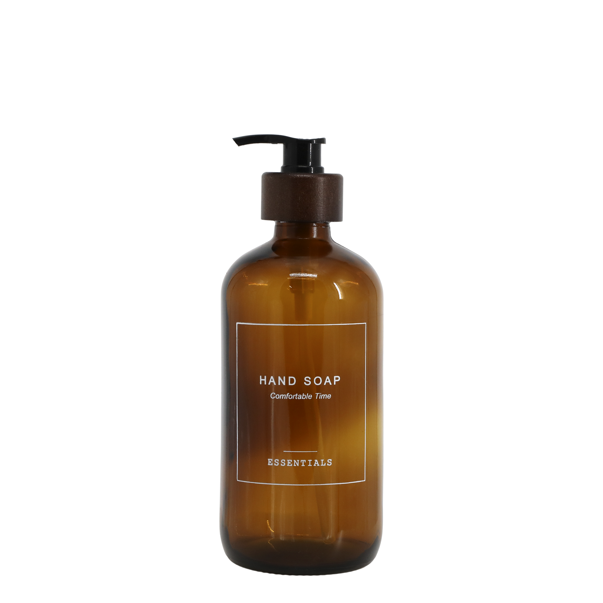 Brown hand soap bottle with pump on a white background