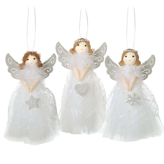 Three angel decorations with white gowns and decorative wings on a white background