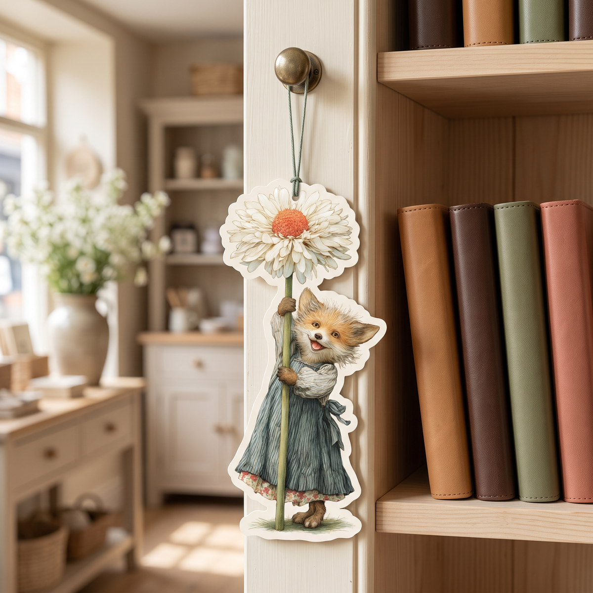 A die-cut hanging card featuring a cute cartoon fox in a blue dress holding a large white flower, hanging on a light wood door in a cozy, softly blurred room with bookshelves and books in the background.