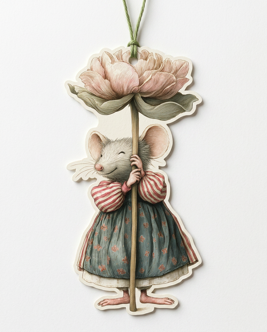 A die-cut hanging card featuring a small illustrated mouse in a striped shirt and patterned dress holding a large pink flower, suspended by a green string against a plain light background.
