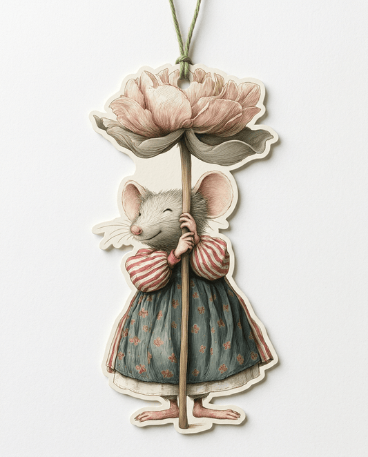A die-cut hanging card featuring a small illustrated mouse in a striped shirt and patterned dress holding a large pink flower, suspended by a green string against a plain light background.