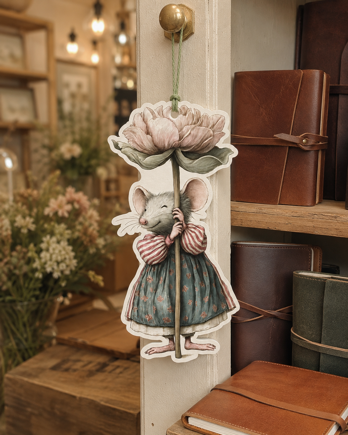 A decorative hanging card shaped like a small mouse in a dress holding a large flower, suspended from a brass hook on a wooden door in a cozy shop interior with books and flowers in the background.