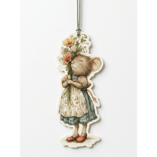 A vintage-style mouse hanging card featuring a small mouse in a floral dress holding flowers, hanging from a green string against a plain white background.