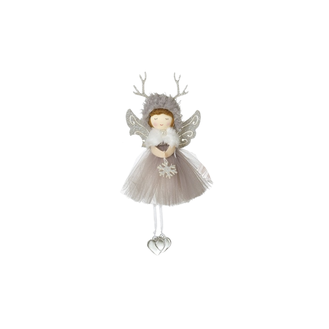 Hanging Christmas decoration. Angel in grey dress with silver wings and antlers