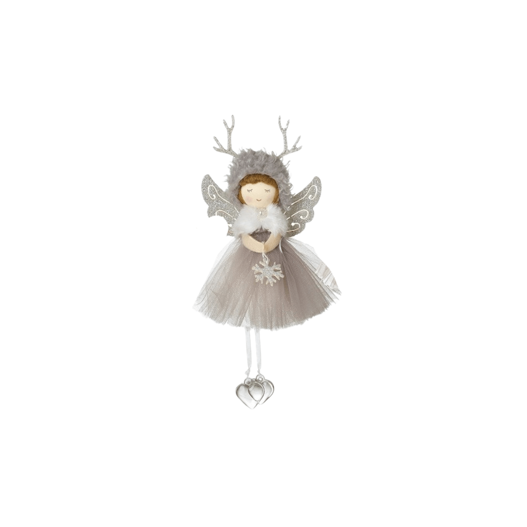 Decorative angel figurine with grey dress, silver wings, and antlers on a white background