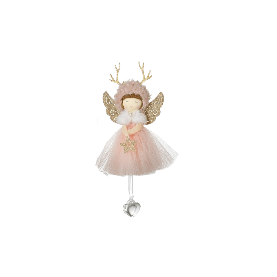 Decorative angel figurine with pink dress, gold wings, and antlers on a white background