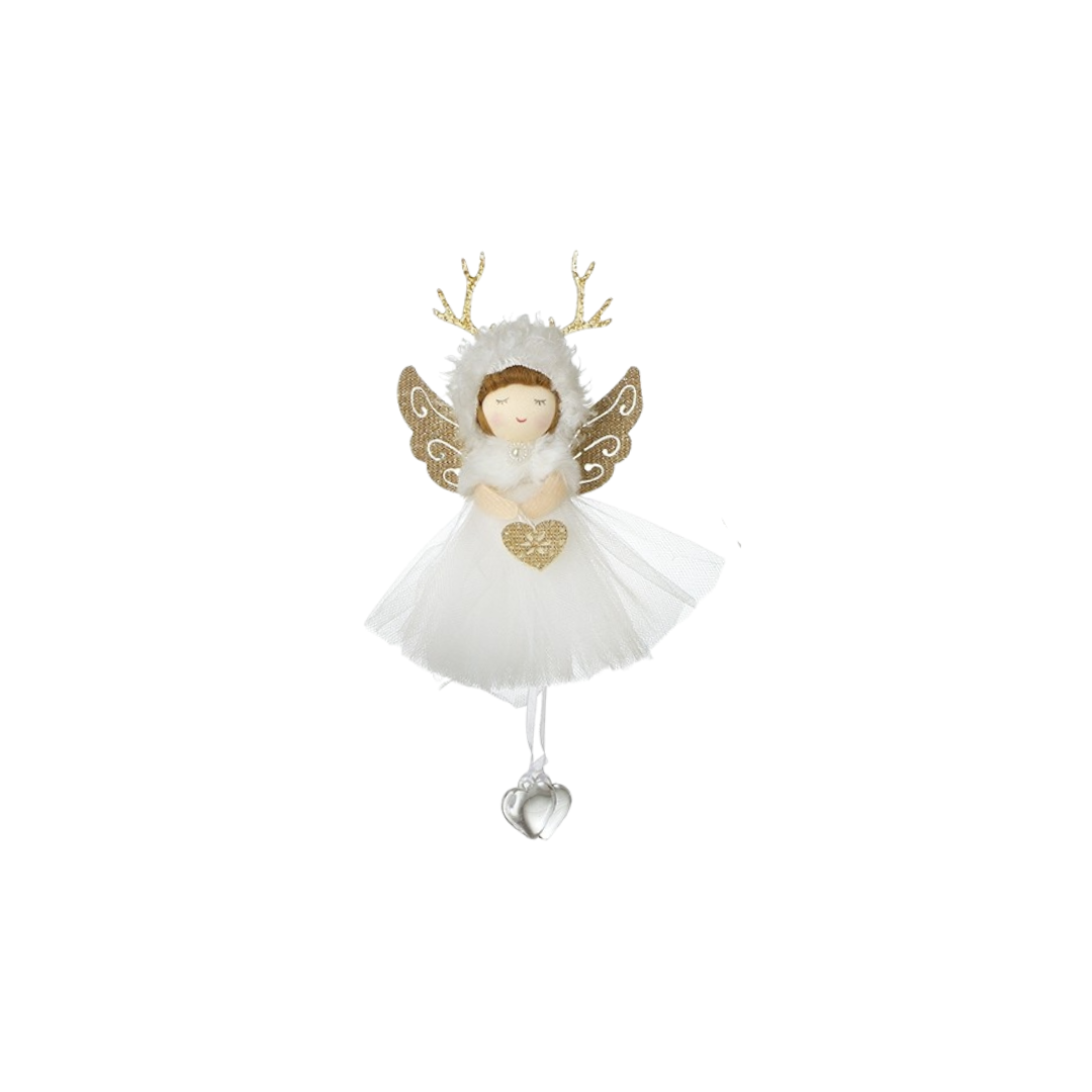 Hanging Christmas decoration. Angel in white dress with gold wings and antlers
