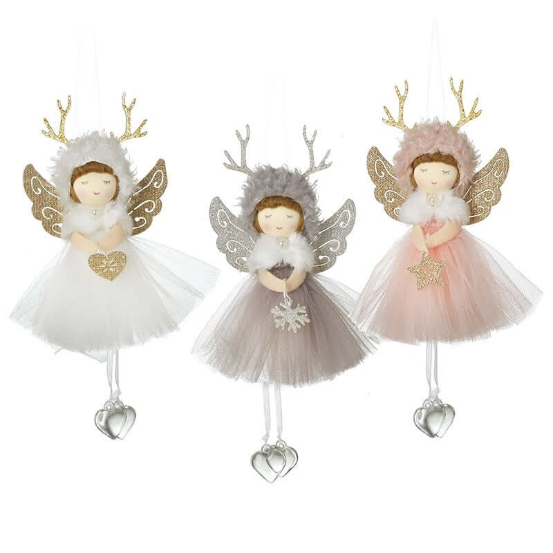 Three decorative angel figurines with different color schemes on a white background