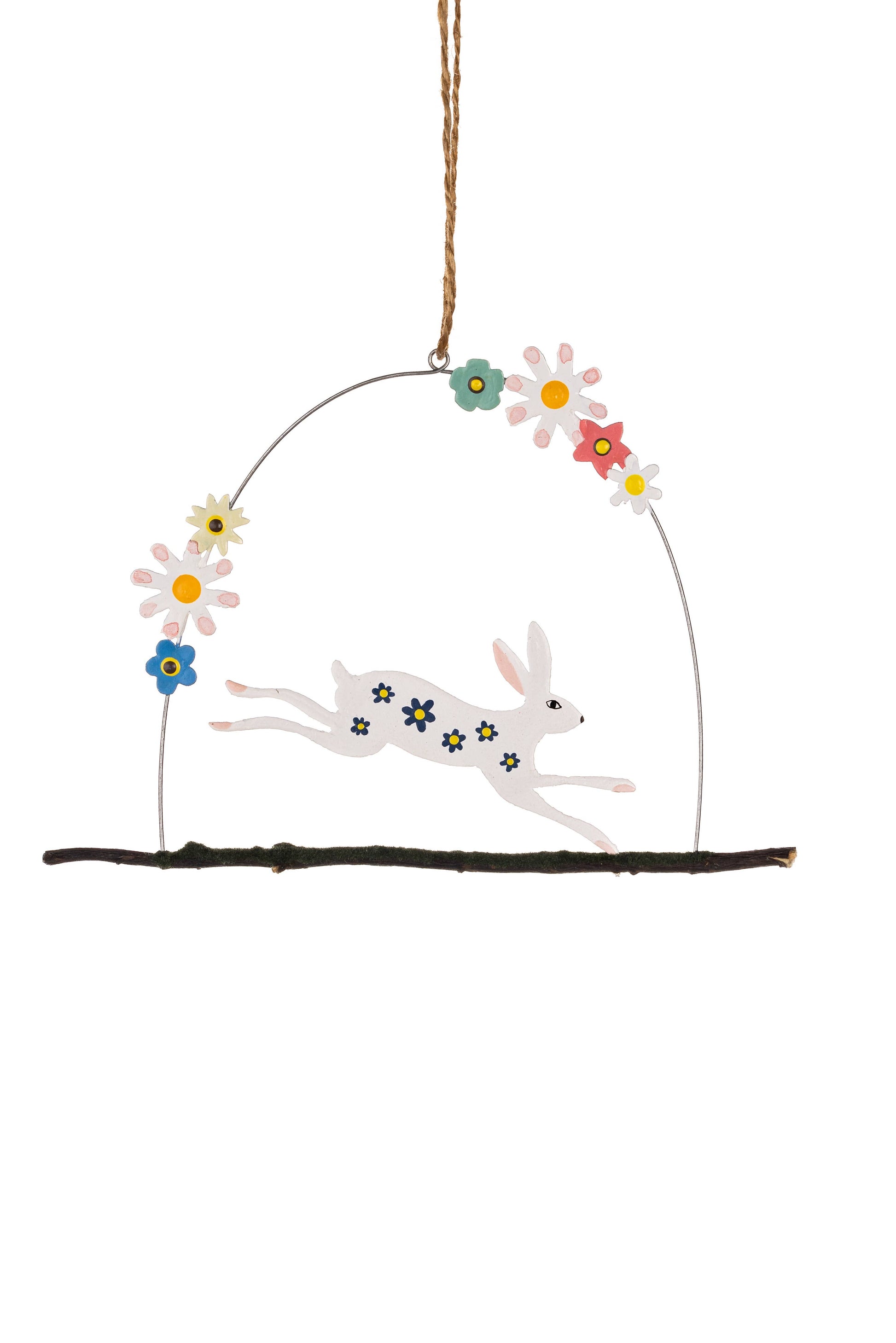 Decorative hanging ornament with a rabbit and flowers on a white background