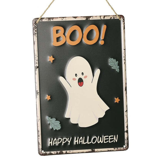 Halloween-themed sign with a ghost and 'BOO! Happy Halloween' text on a black background.