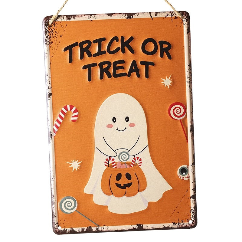 Halloween-themed sign with a ghost and pumpkin, featuring the text 'Trick or Treat' on an orange background.