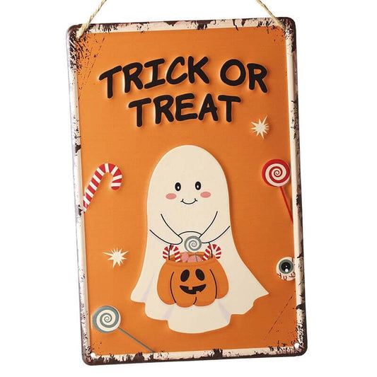Halloween-themed sign with a ghost and pumpkin, featuring the text 'Trick or Treat' on an orange background.