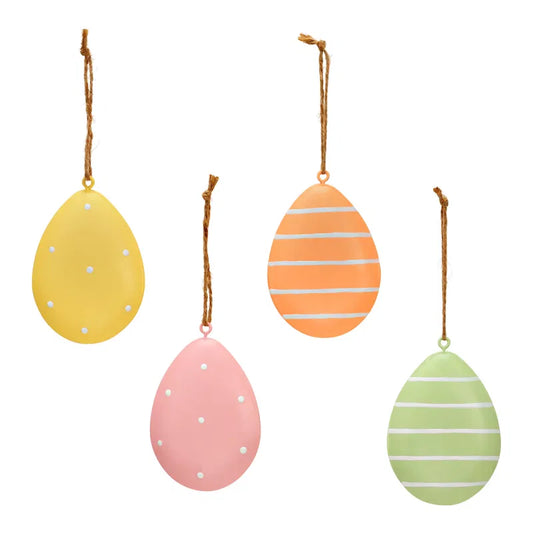 Set of four colorful Easter egg ornaments with polka dots and stripes on a white background.