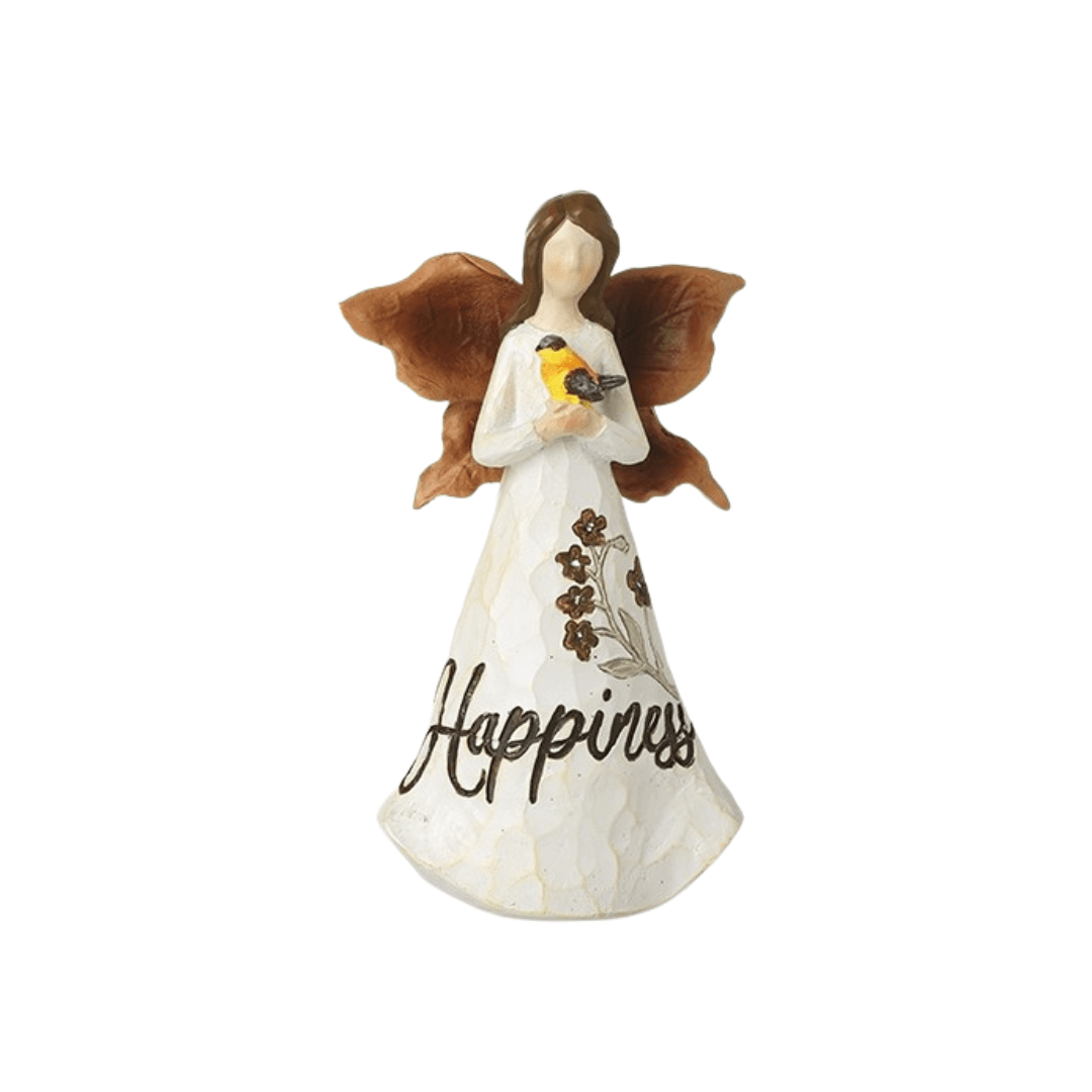 Angel figurine with brown hair and wings, holding a bird, with Happiness on skirt on a white background.