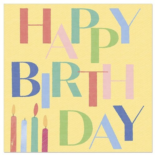 Colorful 'Happy Birthday' text napkin with candles on a yellow background