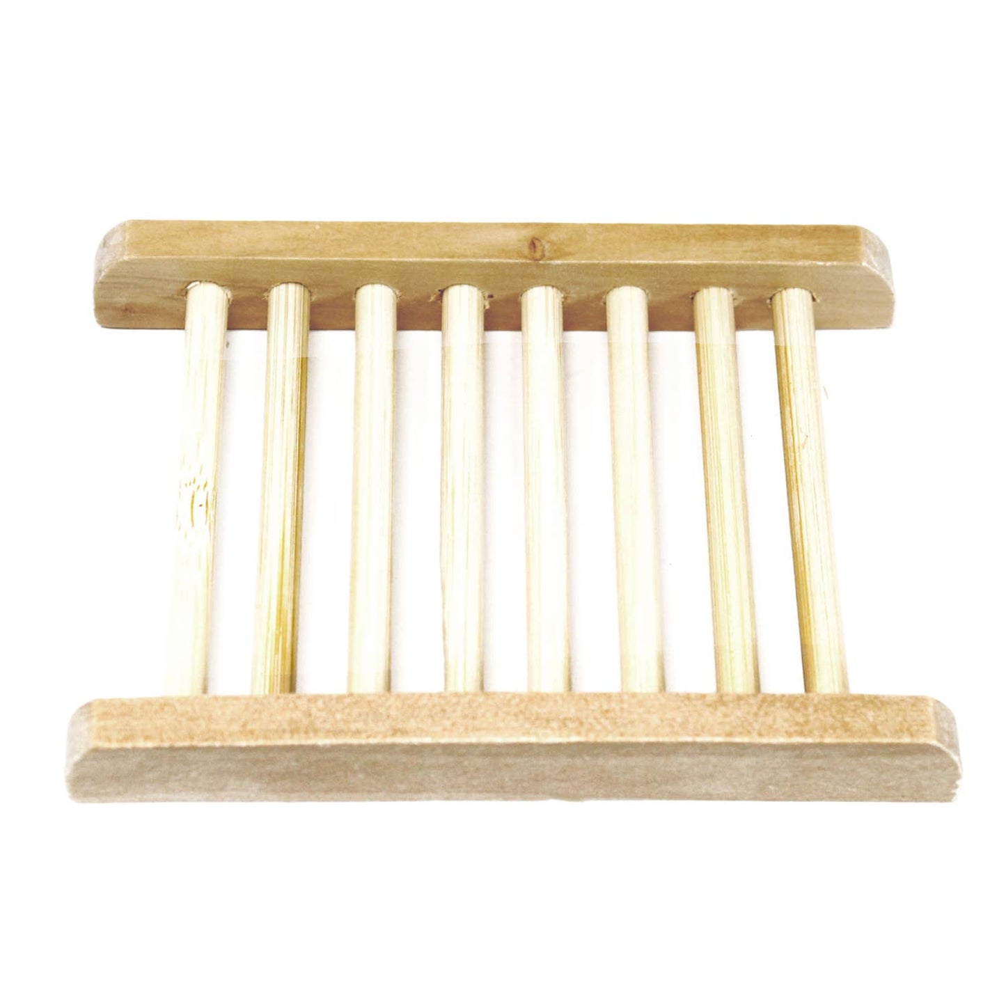 Wooden ladder soap dishwith multiple teeth on a white background