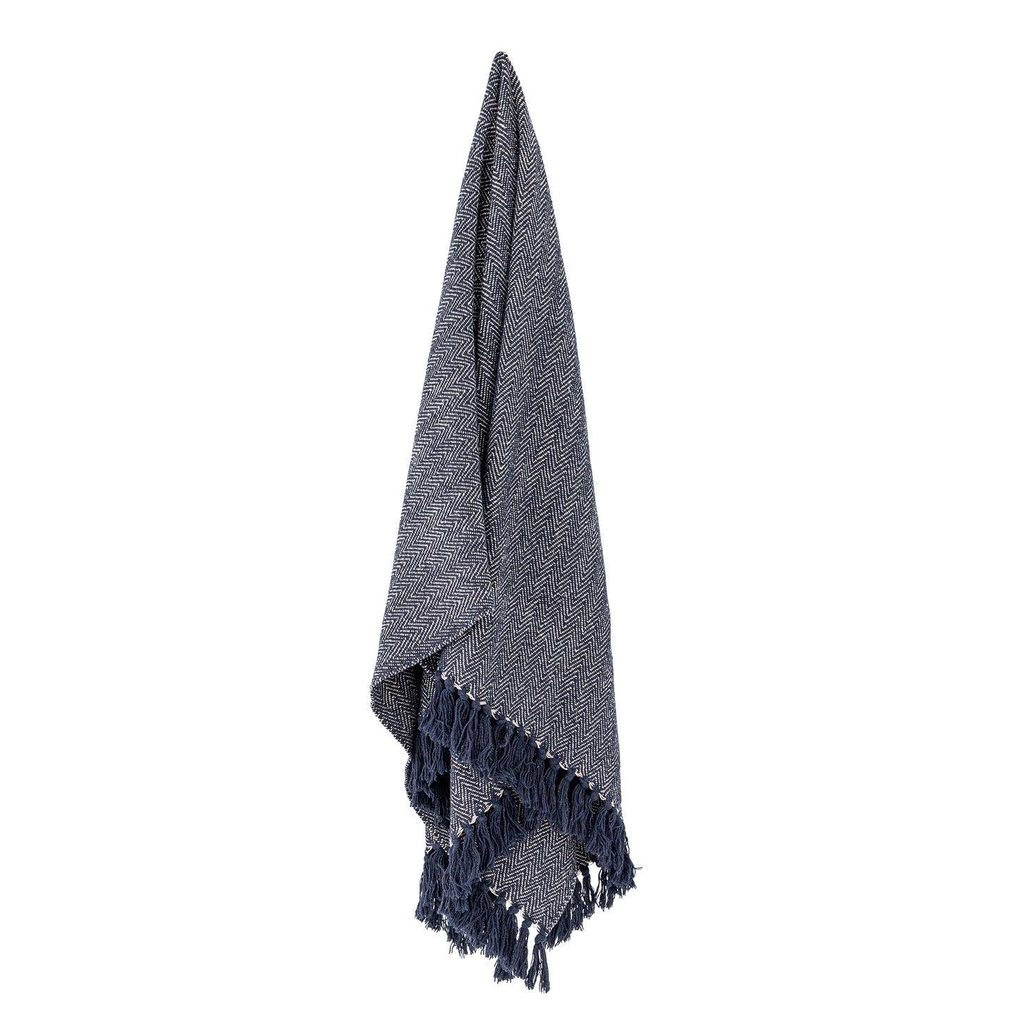 Gray textured throw blanket with fringes on a white background
