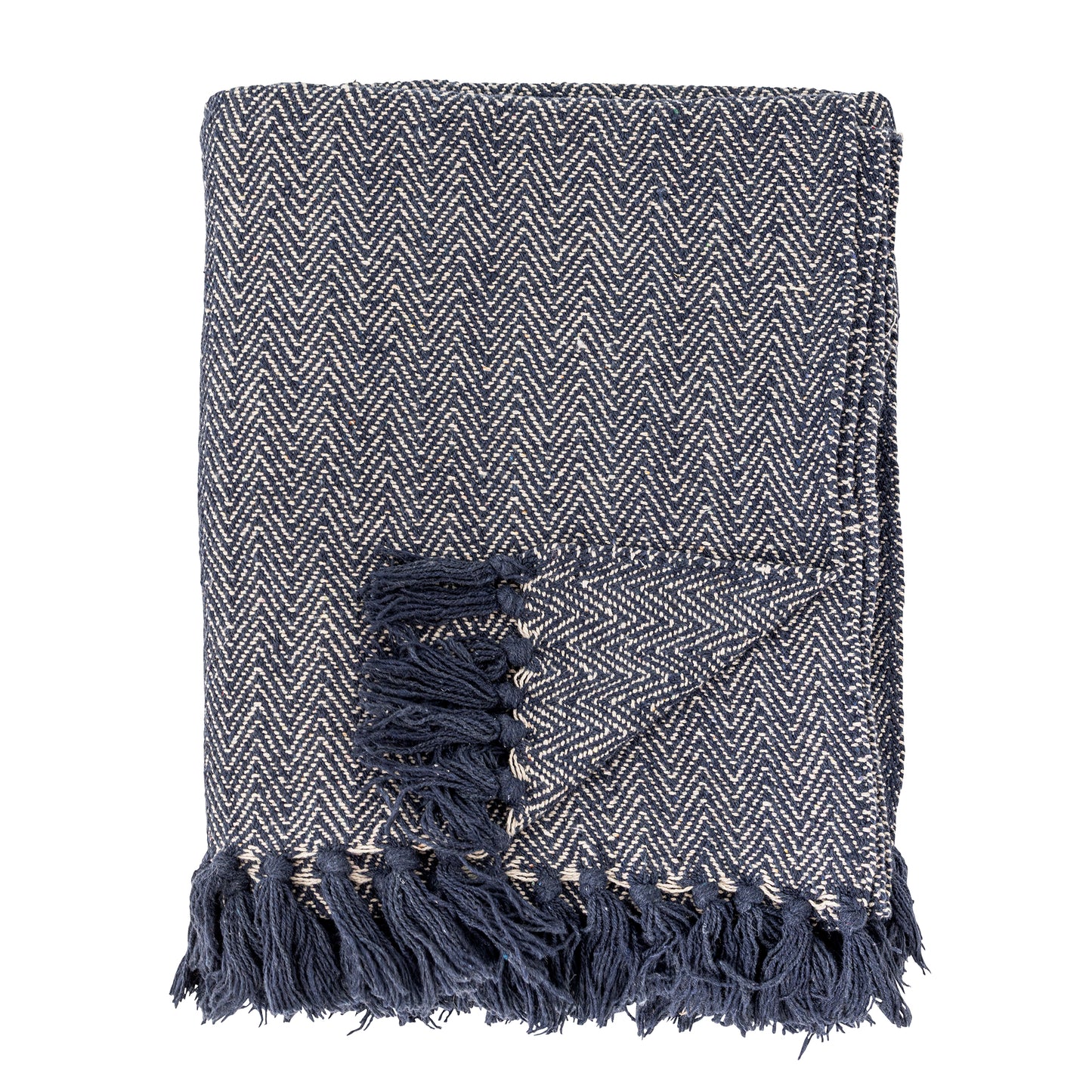 Textured blanket with herringbone pattern and tassels on a white background