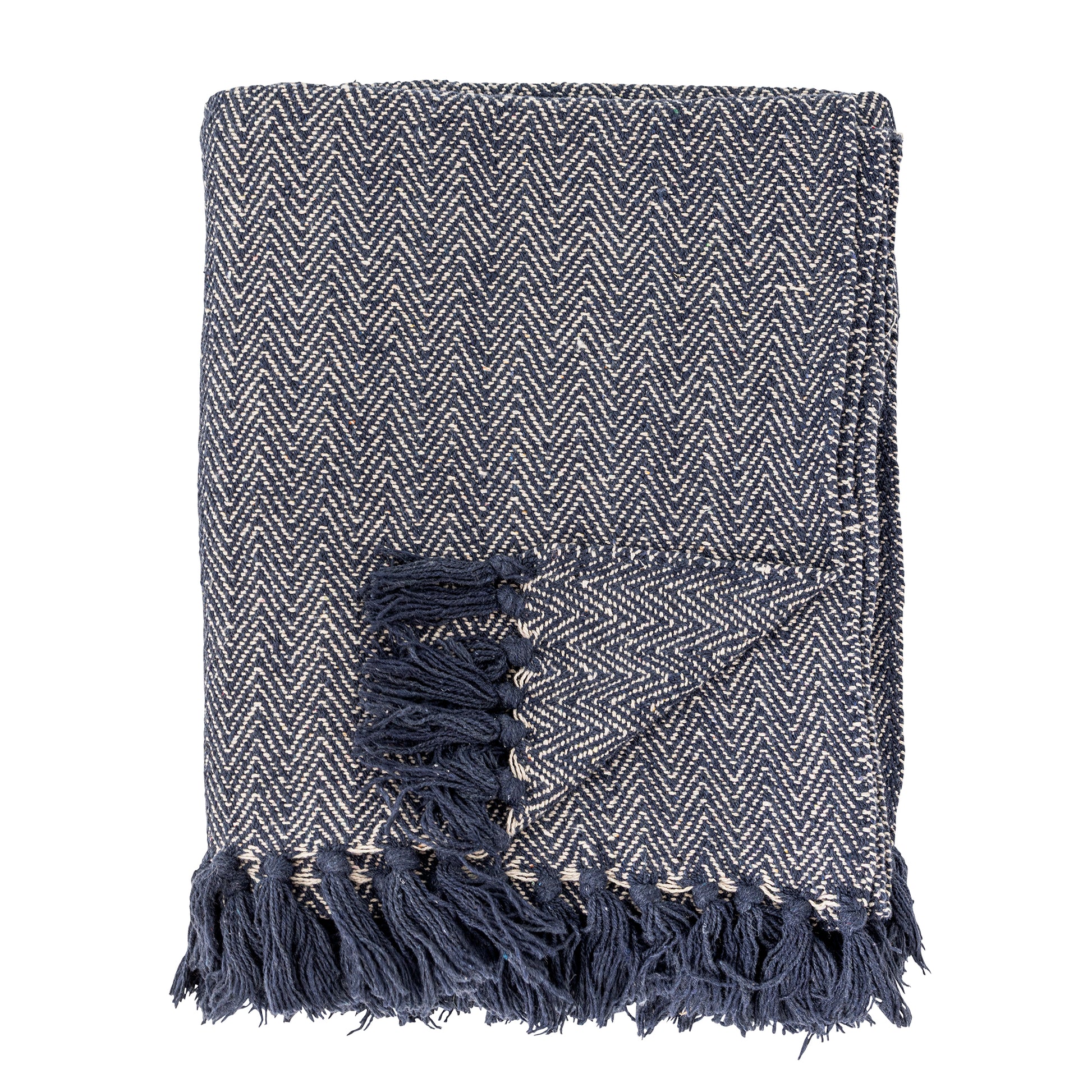 Textured blanket with herringbone pattern and tassels on a white background