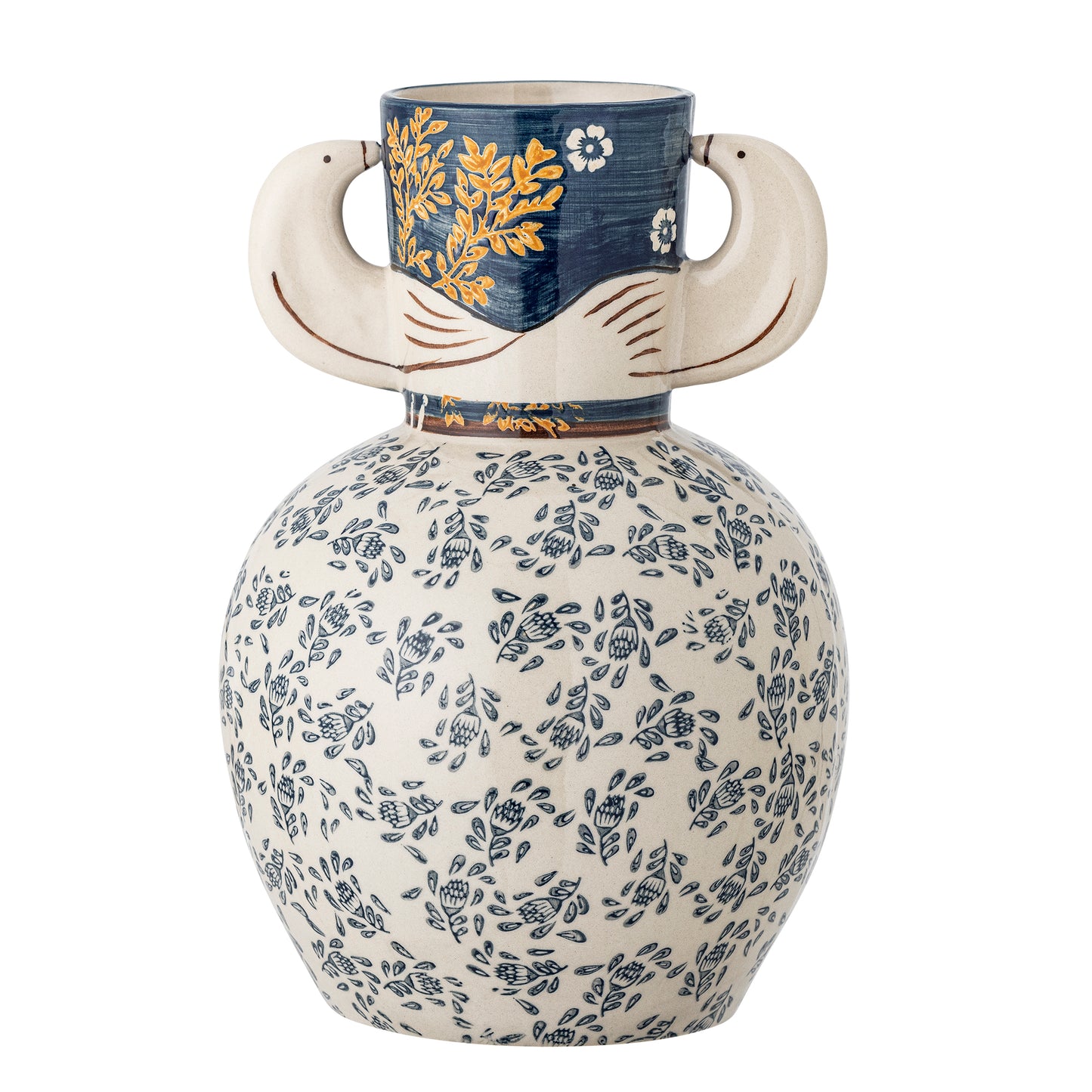 Decorative vase with floral patterns and ehand painted bird handles on a white background