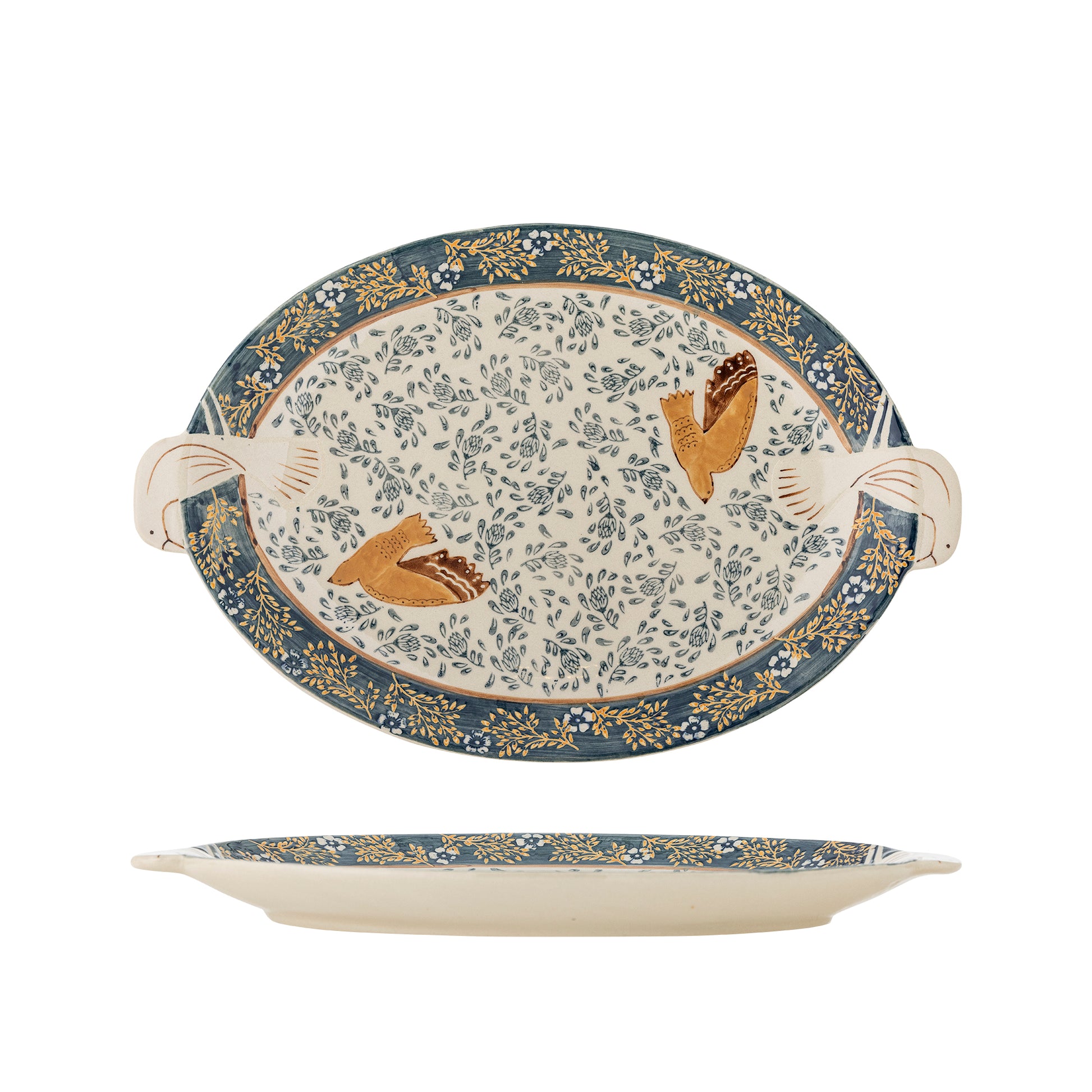 Decorative ceramic platter with floral and bird design on a white background. Side and overhead view