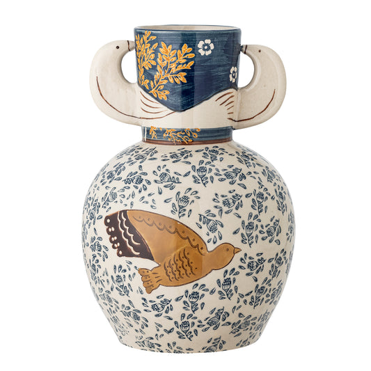 Decorative vase with hand painted bird handles and floral patterns on a white background