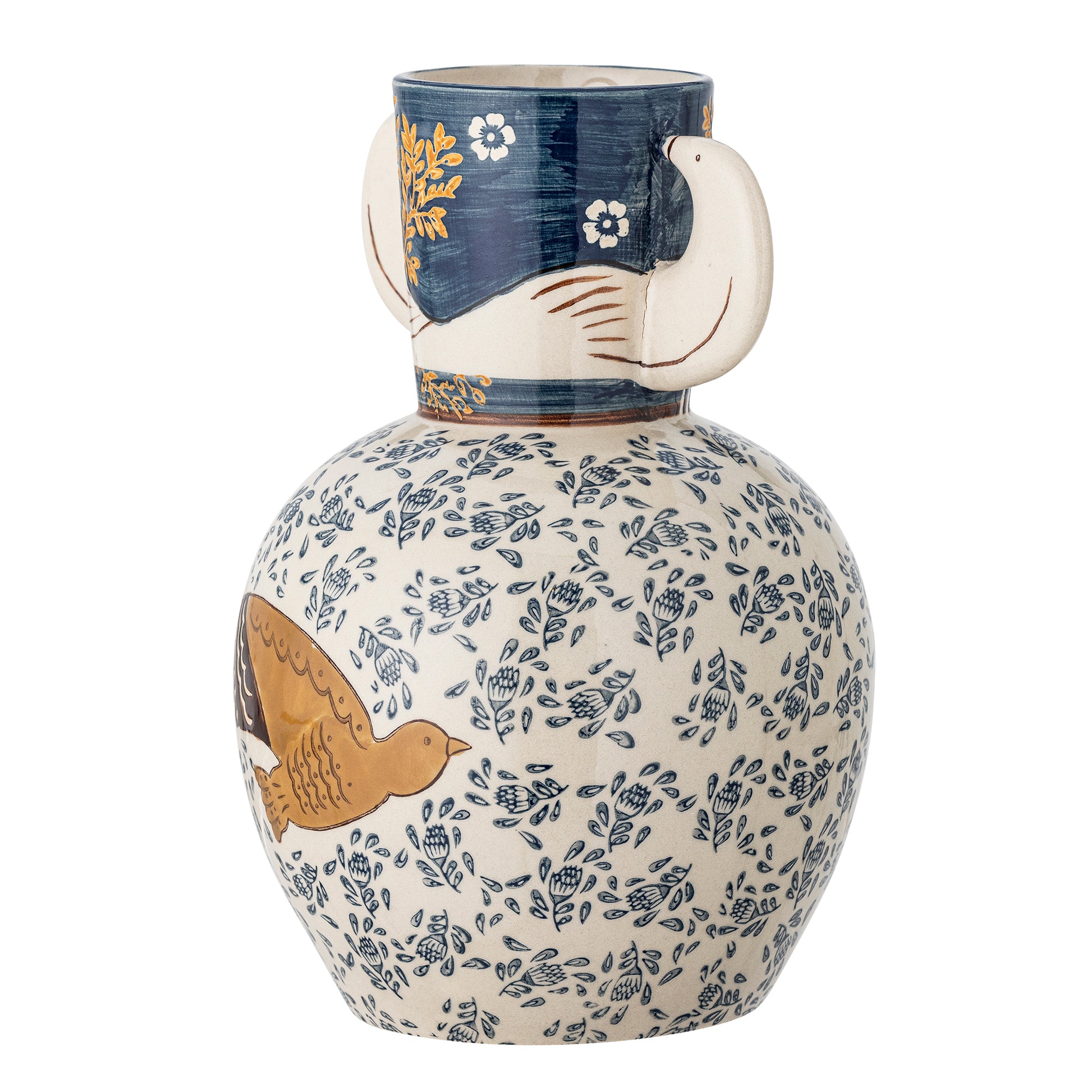 Ceramic vase with floral patterns and bird handles on a white background. Side view