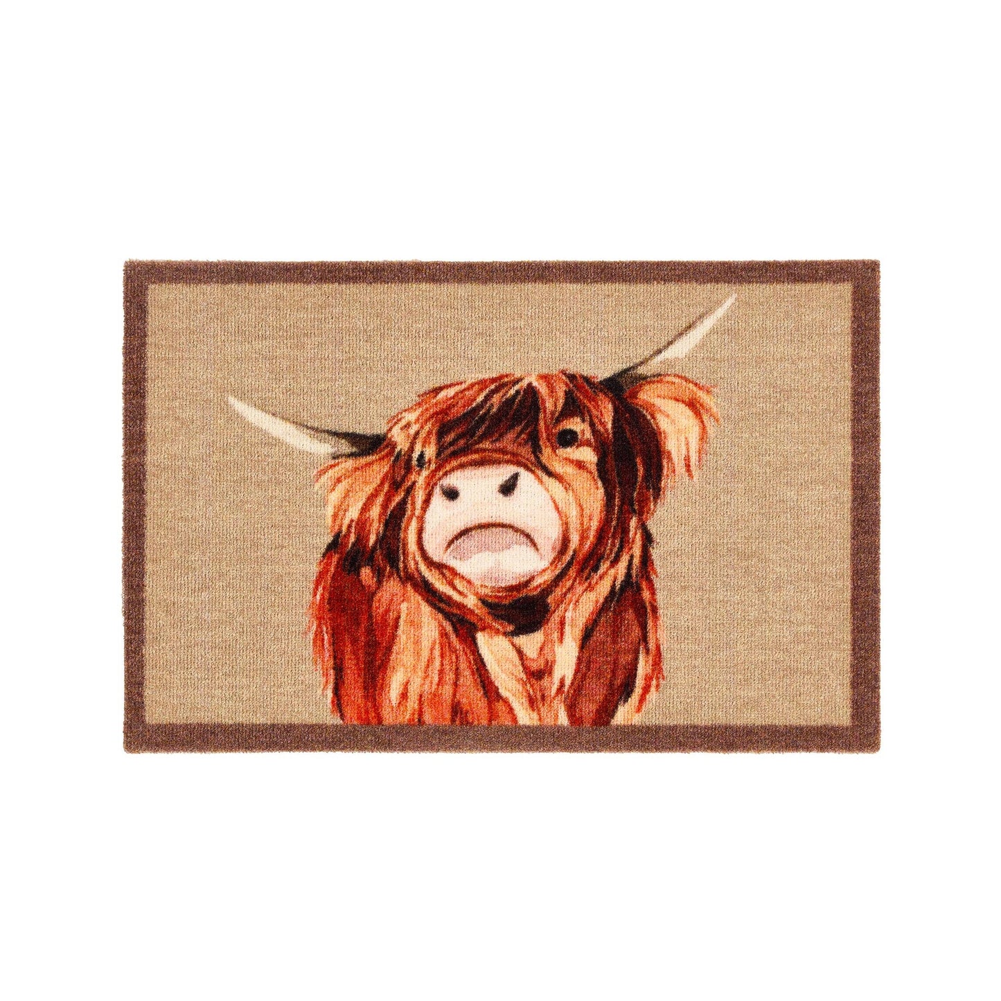 Doormat with a highland cow design on a beige background