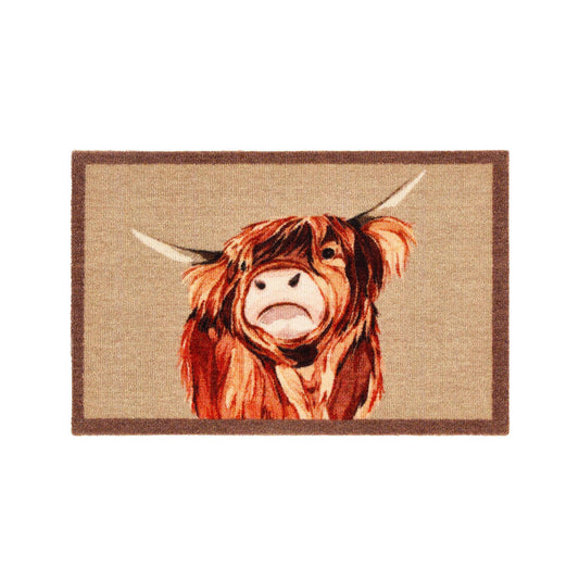 Doormat with a highland cow design on a beige background