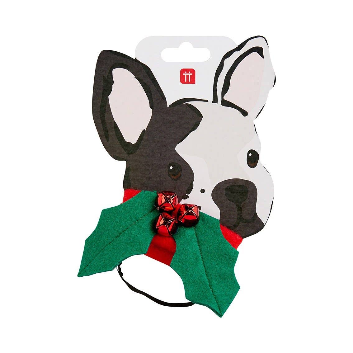 Dog-shaped display card with holly and bells dog collar on a white background