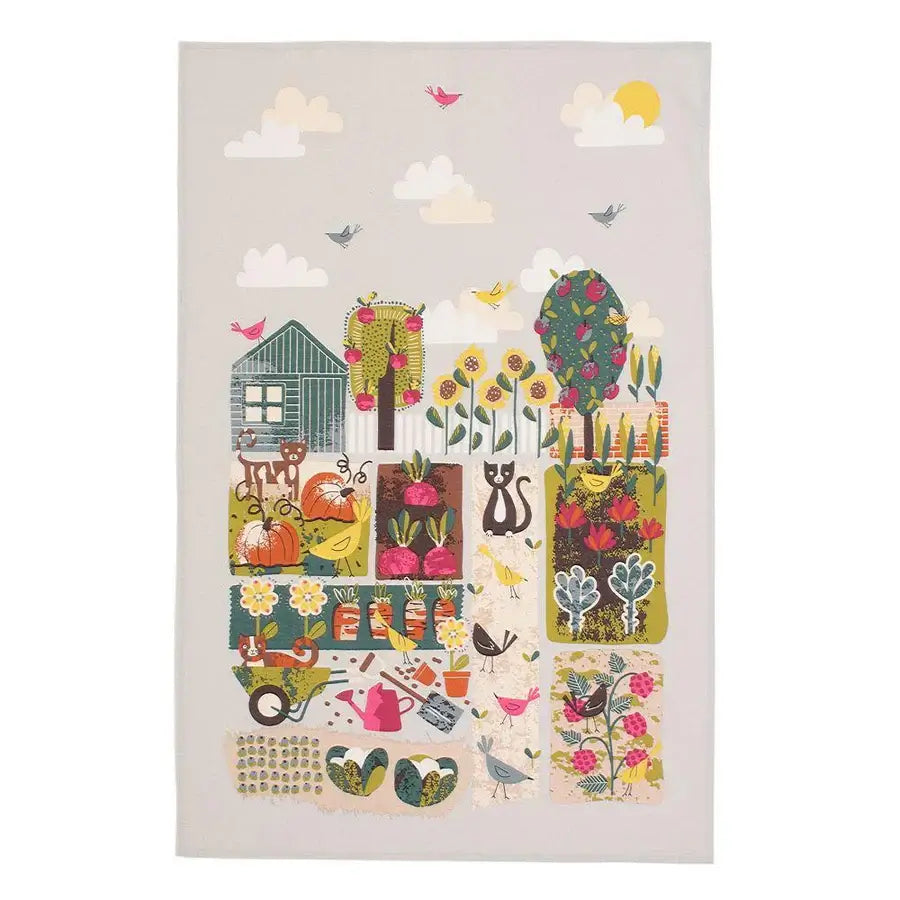 Colorful illustration of a garden scene with houses, animals, and plants on a light background.