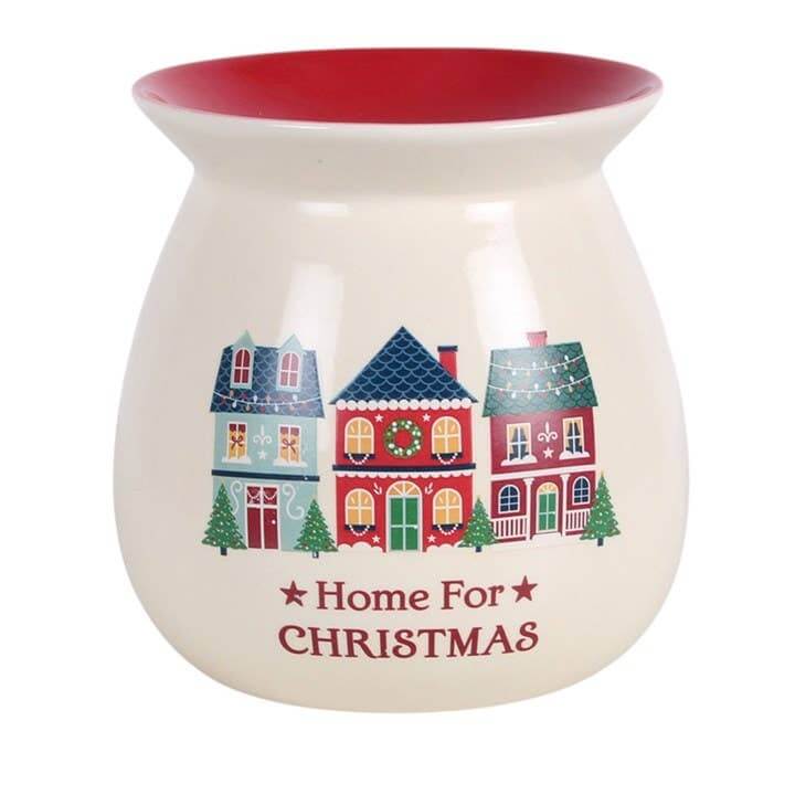 Home for Christmas oil burner and wax warmer with red rim and festive village design