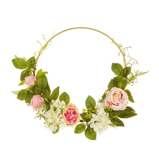 Faux Silk Rose & Hydrangea Wreath Hoop - Pink Lemon