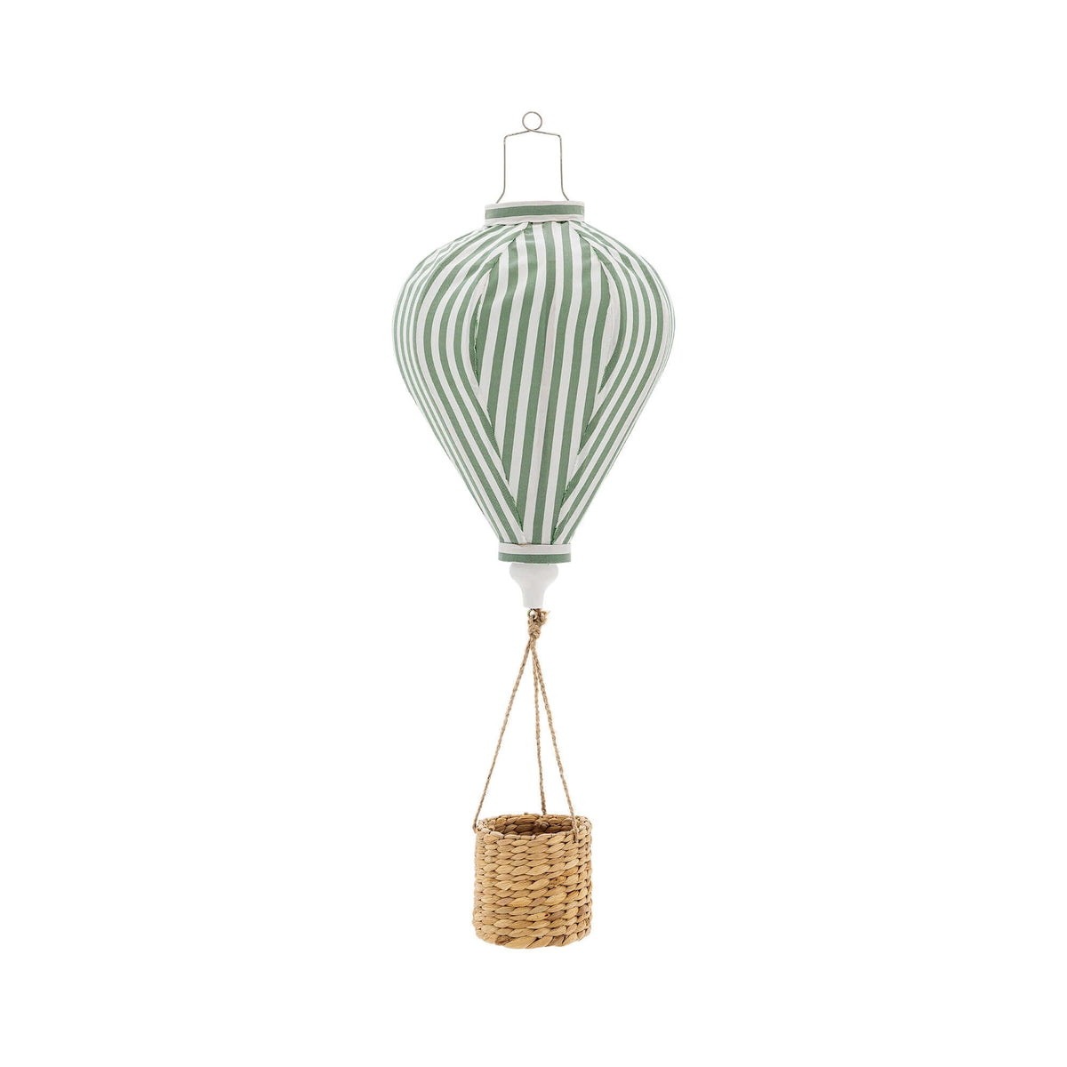 Decorative hot air balloon with striped design and basket on a white background