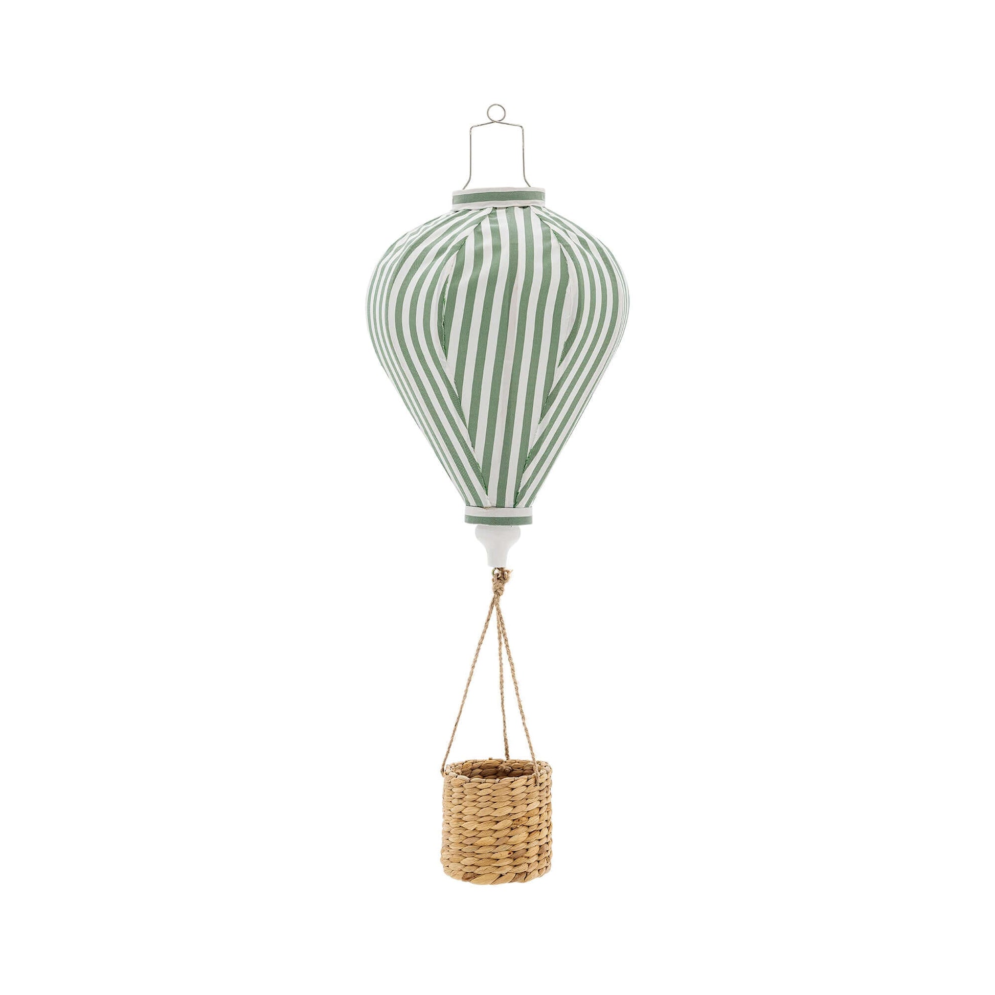 Decorative hot air balloon with striped design and basket on a white background