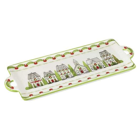 Decorative tray with house and tree pattern on a white background