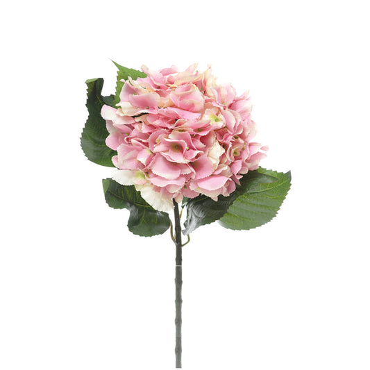 Artificial pink hydrangea flower with green foliage on a single stem