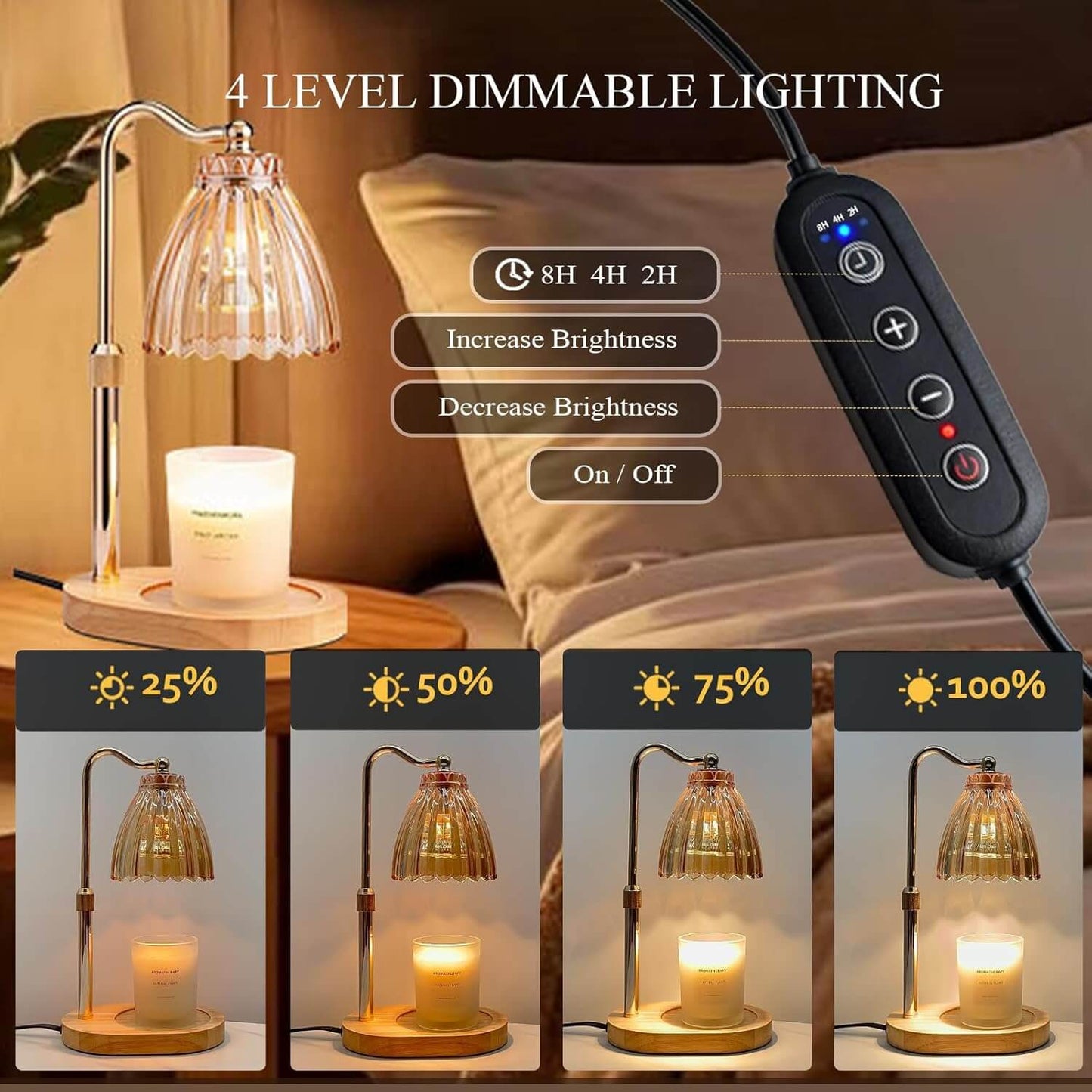 Dimmable lighting control with lamp and candle on a bed, showing level indicators.