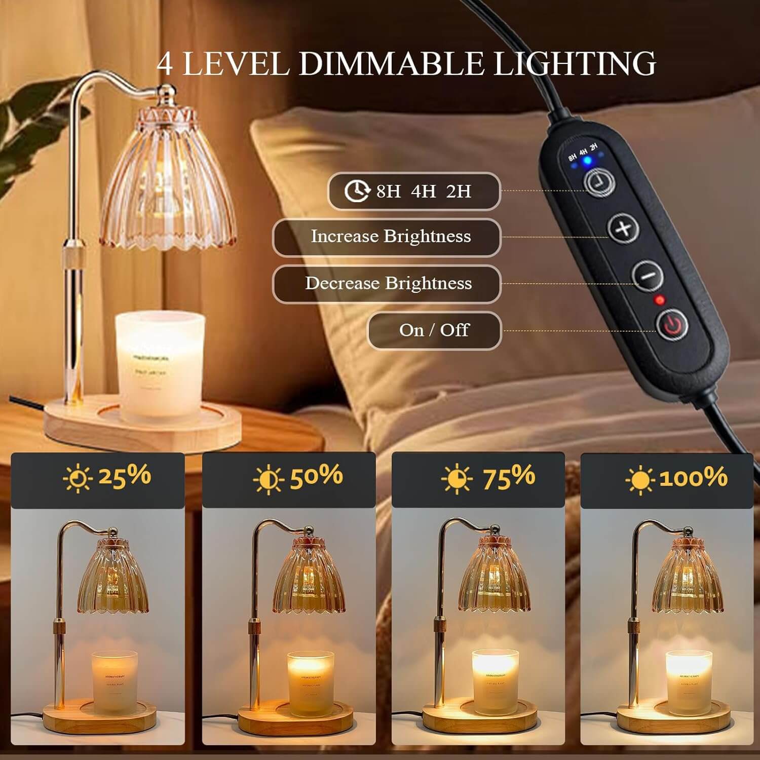 Dimmable lighting control with lamp and candle on a bed, showing level indicators.