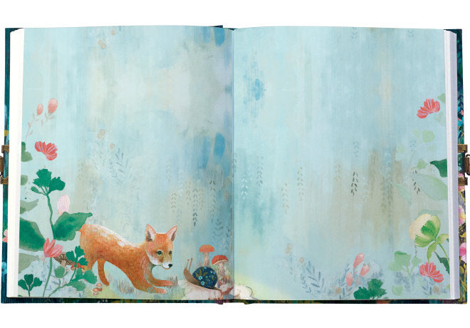 Open book with illustrations of a fox and a gnome in a forest setting