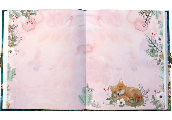 Open book with a fox illustration on a floral and nature-themed page