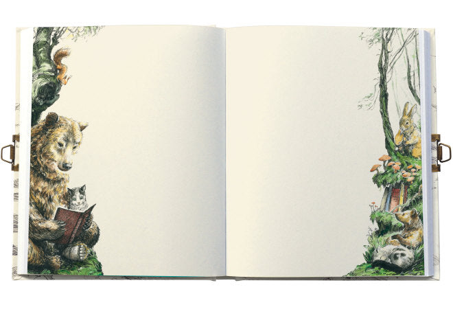 Open book with illustrations of animals in a forest setting