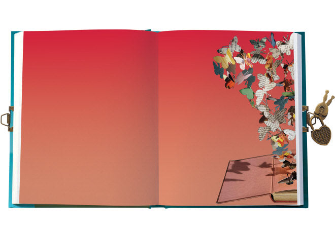 Open book with colorful illustrations on a white background