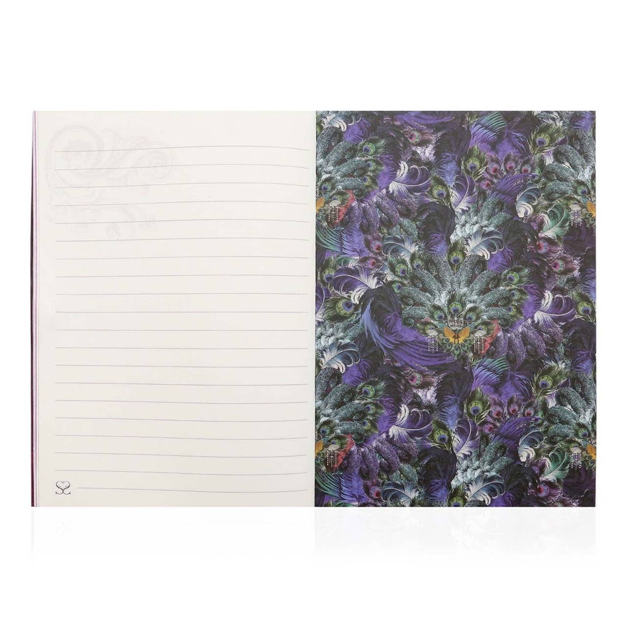 Notebook with floral design on one side and plain pages on the other, on a white background.
