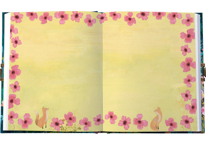 Open book with floral and animal illustrations on a yellow background