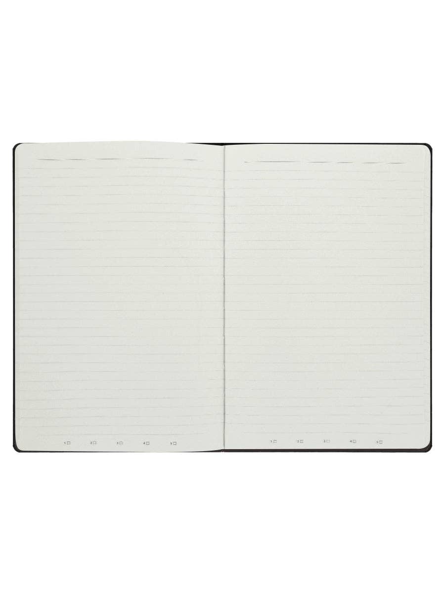 Open notebook with lined pages on a white background
