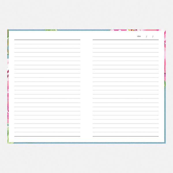 Notebook page with colorful floral border on a white background
