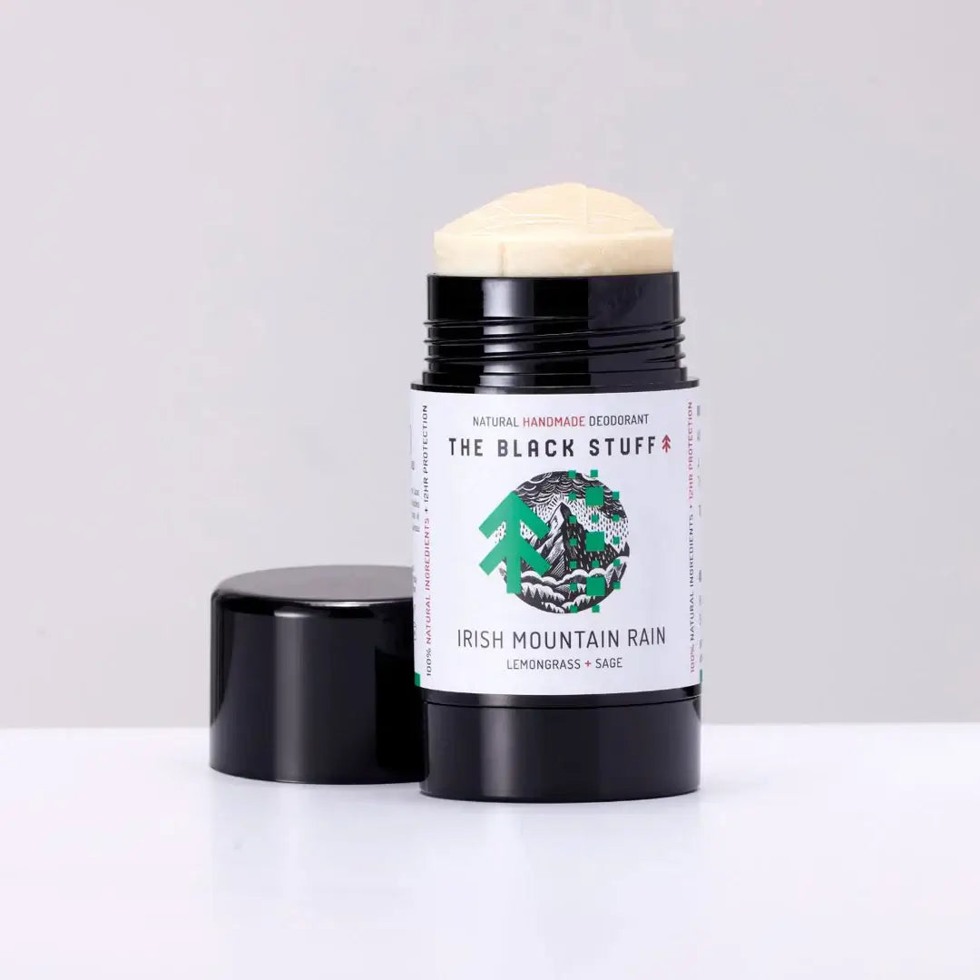 Irish Mountain Rain Natural Deodorant by The Black Stuff open case on a white background
