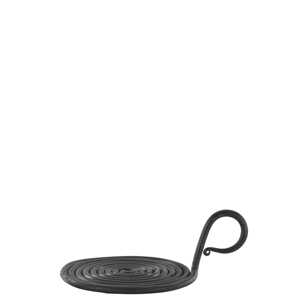 A black metal spiral coil with a curved hook on one end, photographed against a plain white background.