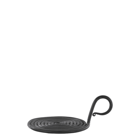 A black metal spiral coil with a curved hook on one end, photographed against a plain white background.